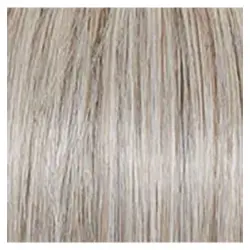 A close up image of a light blonde wig.
