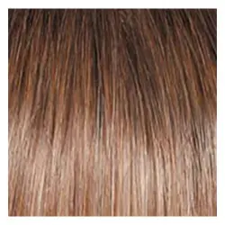 A close up view of a brown wig.