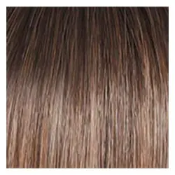 A close up of a brown wig with brown highlights.